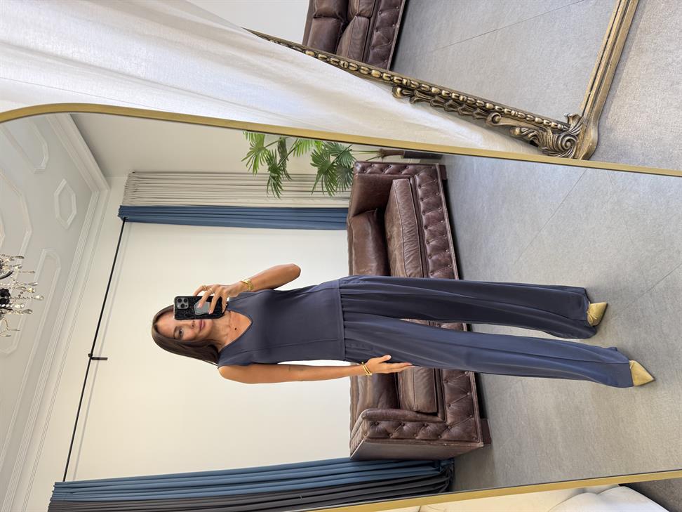 Lacivert Modal Kumaş Kolsuz Bluz Pantolon Takım