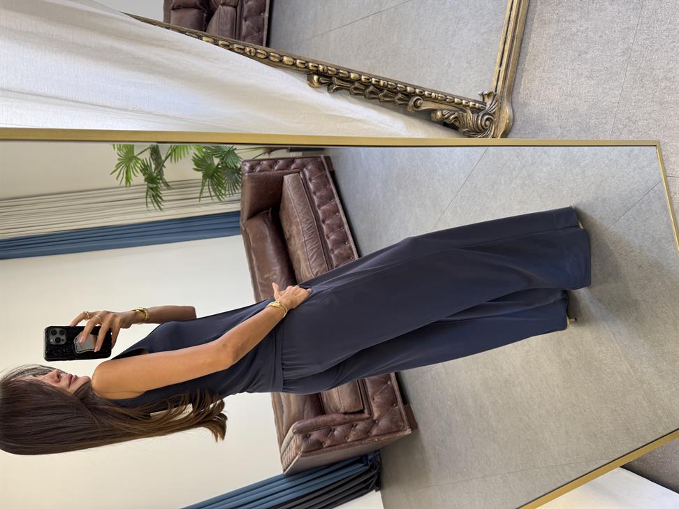 Lacivert Modal Kumaş Kolsuz Bluz Pantolon Takım