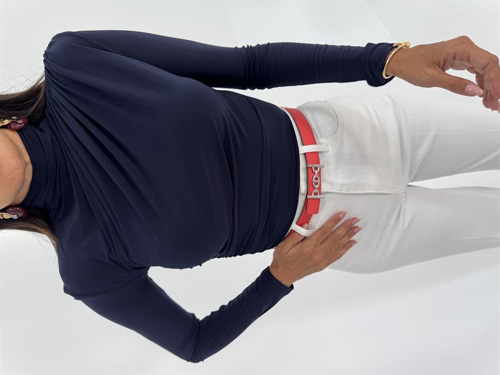 Lacivert Omuz ve Bel Pile Bluz