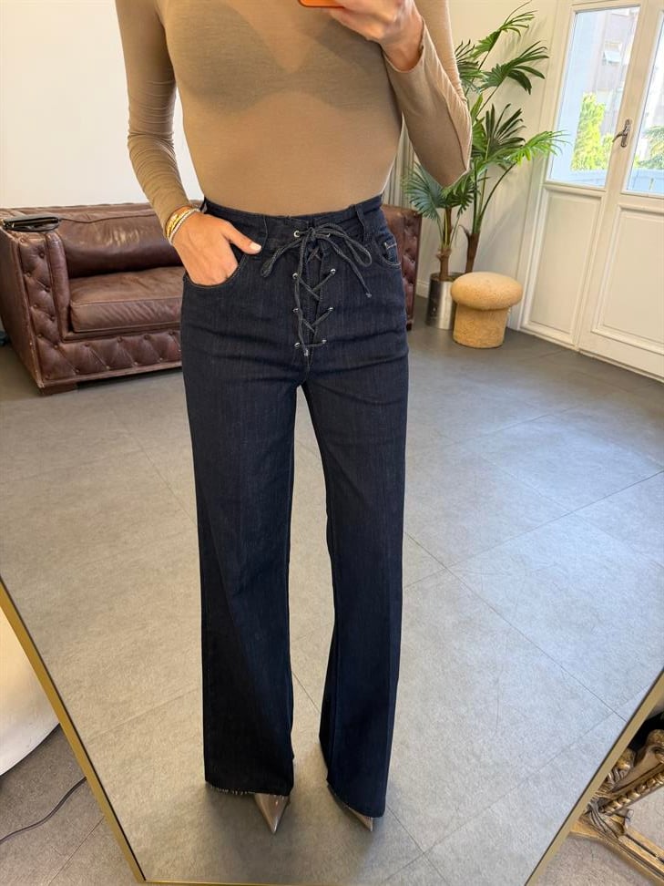 Lacivert Önden Bağcıklı Jean Pantolon