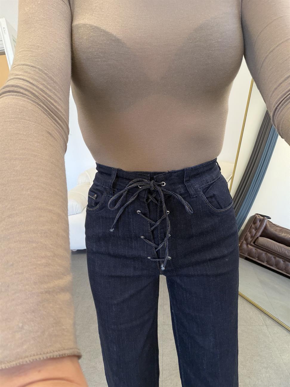 Lacivert Önden Bağcıklı Jean Pantolon