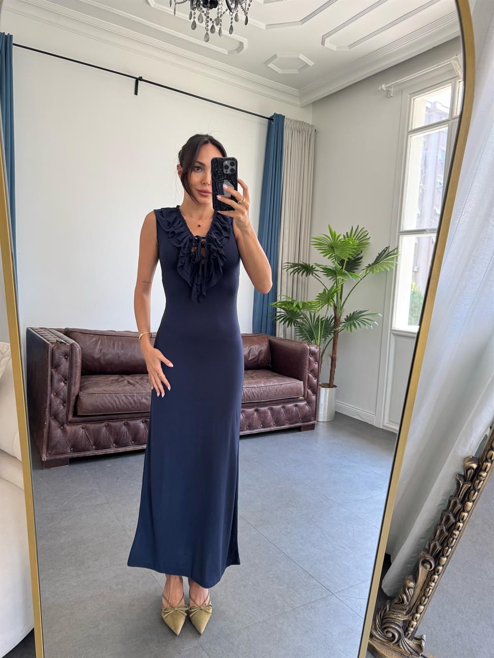 Lacivert Önden Fırfırlı Uzun Elbise