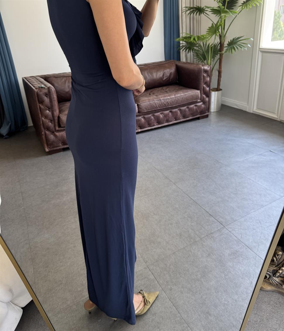 Lacivert Önden Fırfırlı Uzun Elbise