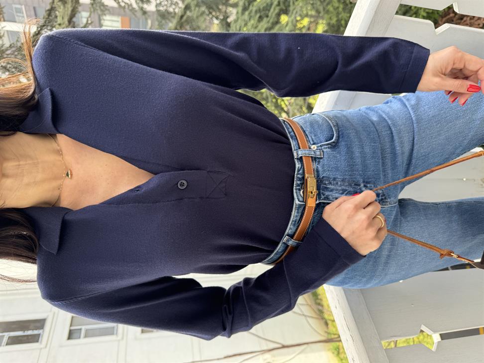 Lacivert Önü 4 Düğme Polo Yaka Kazak