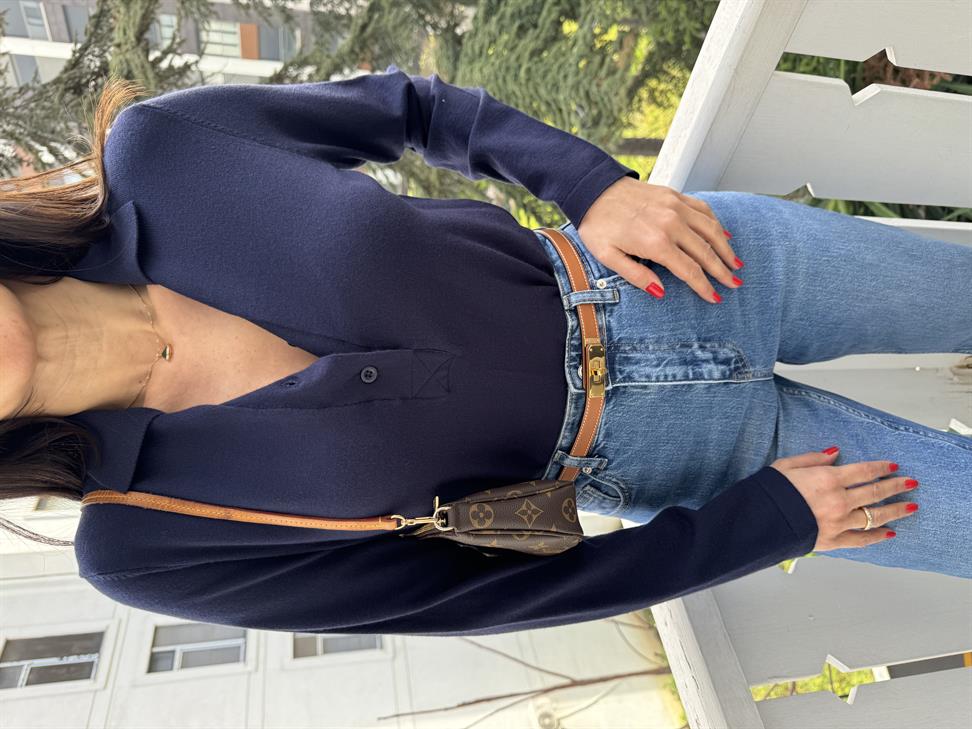 Lacivert Önü 4 Düğme Polo Yaka Kazak