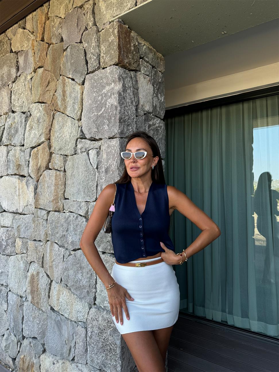 Lacivert Önü Düğmeli Düz Yelek