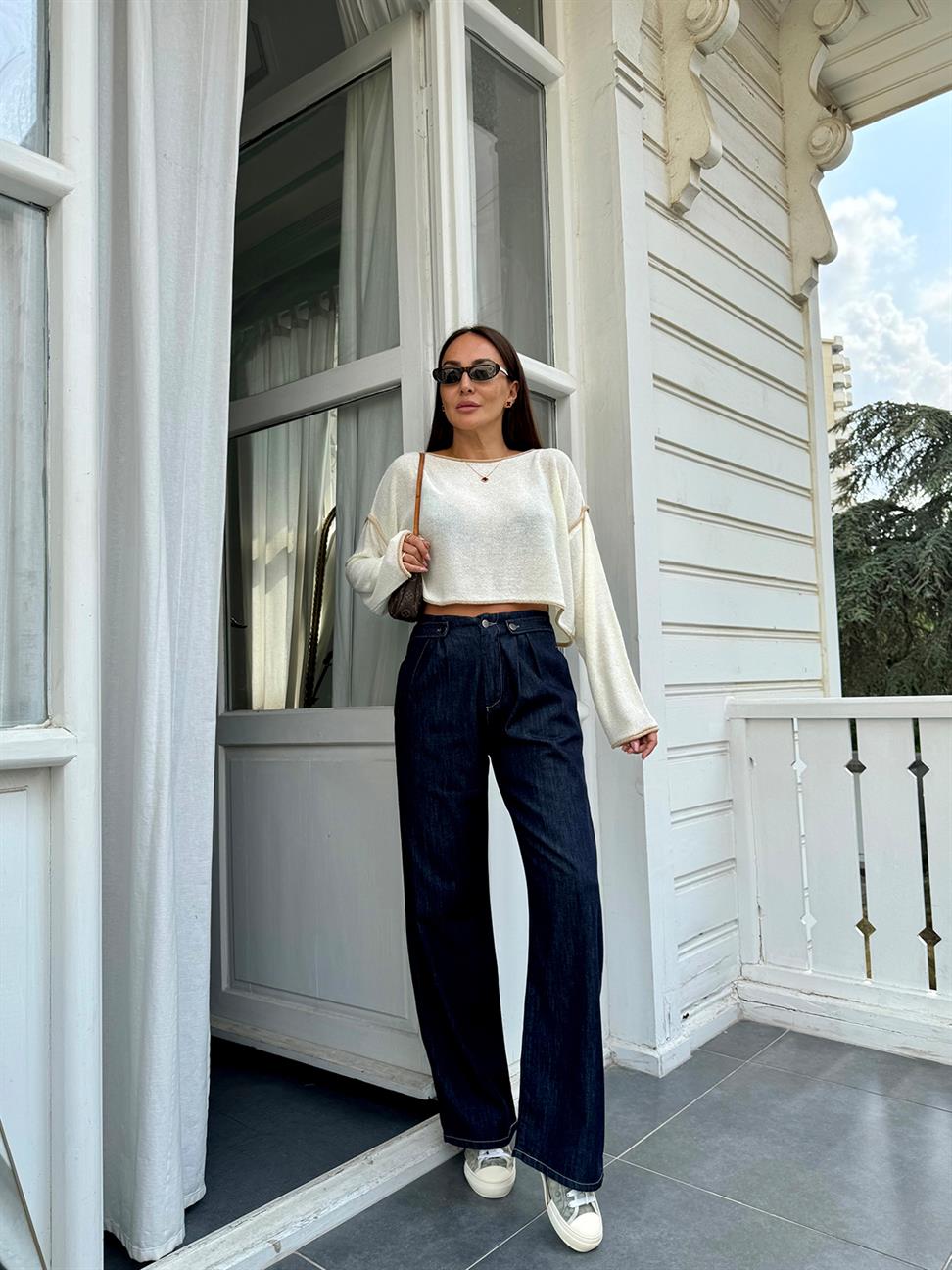 Lacivert Denim Palazzo Pantolon