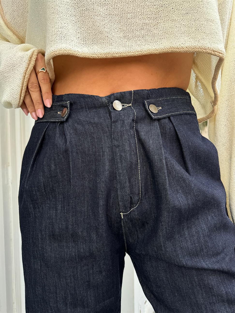 Lacivert Denim Palazzo Pantolon