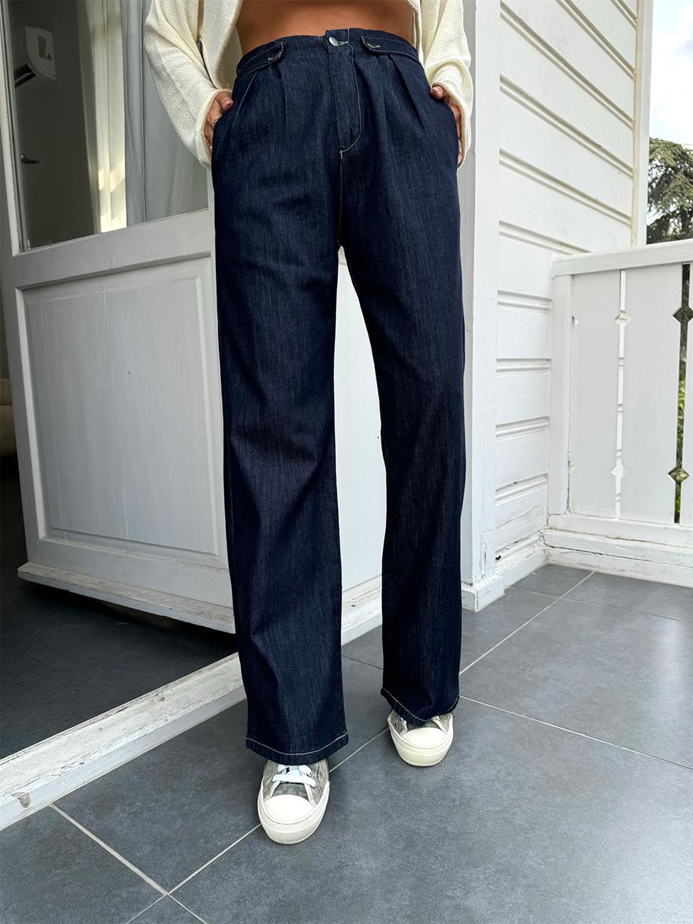 Lacivert Denim Palazzo Pantolon