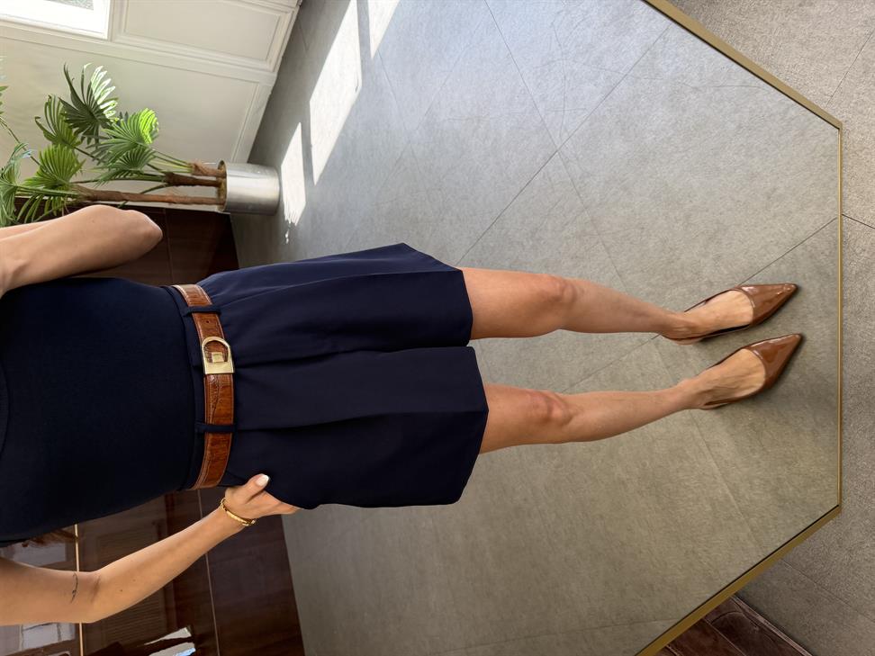 Lacivert Pileli Cepli Şort