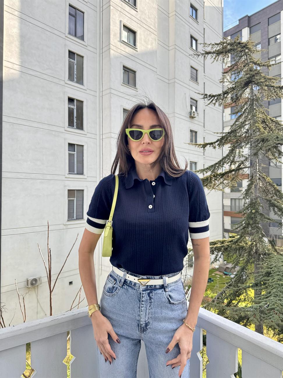 Lacivert Polo Yaka Çizgi Detaylı Triko