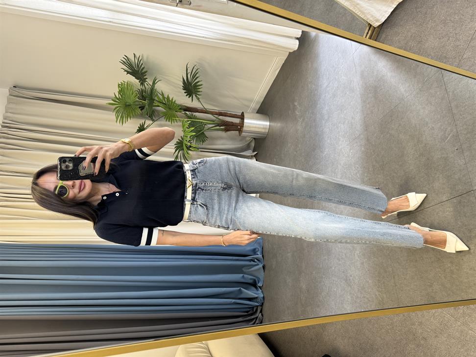 Lacivert Polo Yaka Çizgi Detaylı Triko