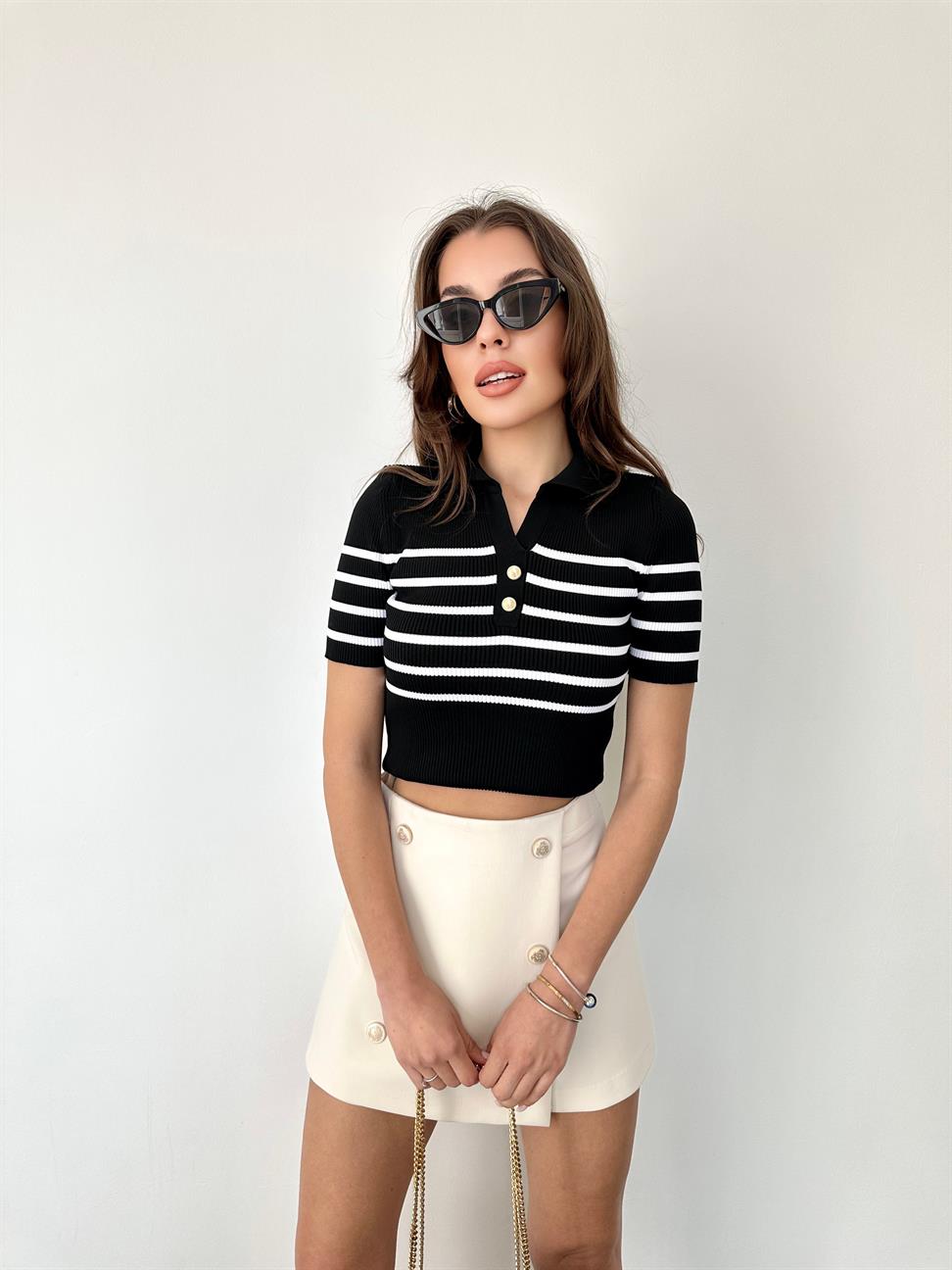 Lacivert Polo Yaka Çizgili Örme Bluz