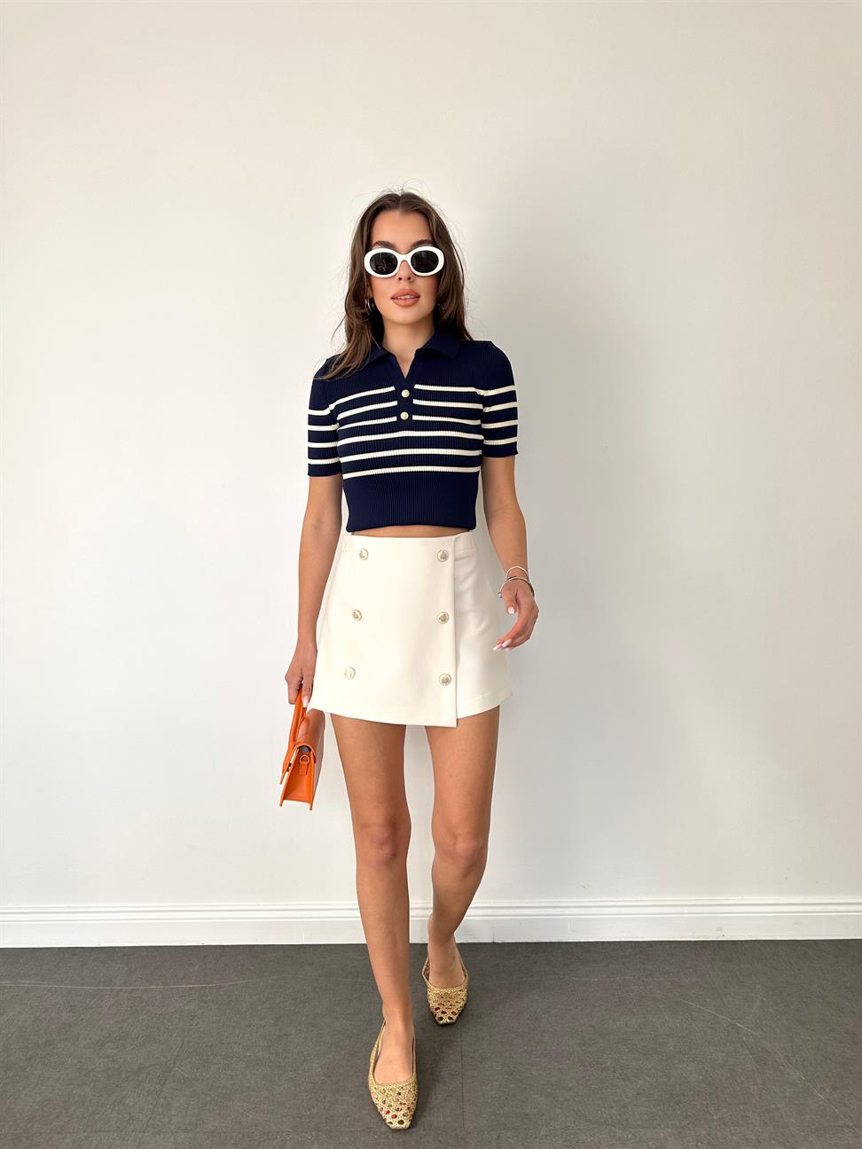 Lacivert Polo Yaka Çizgili Örme Bluz