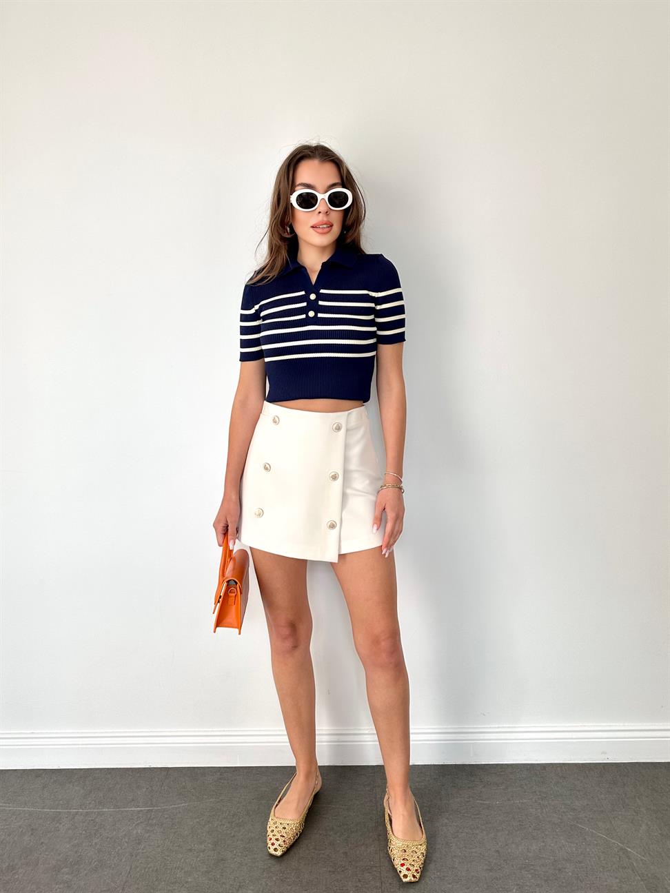 Lacivert Polo Yaka Çizgili Örme Bluz