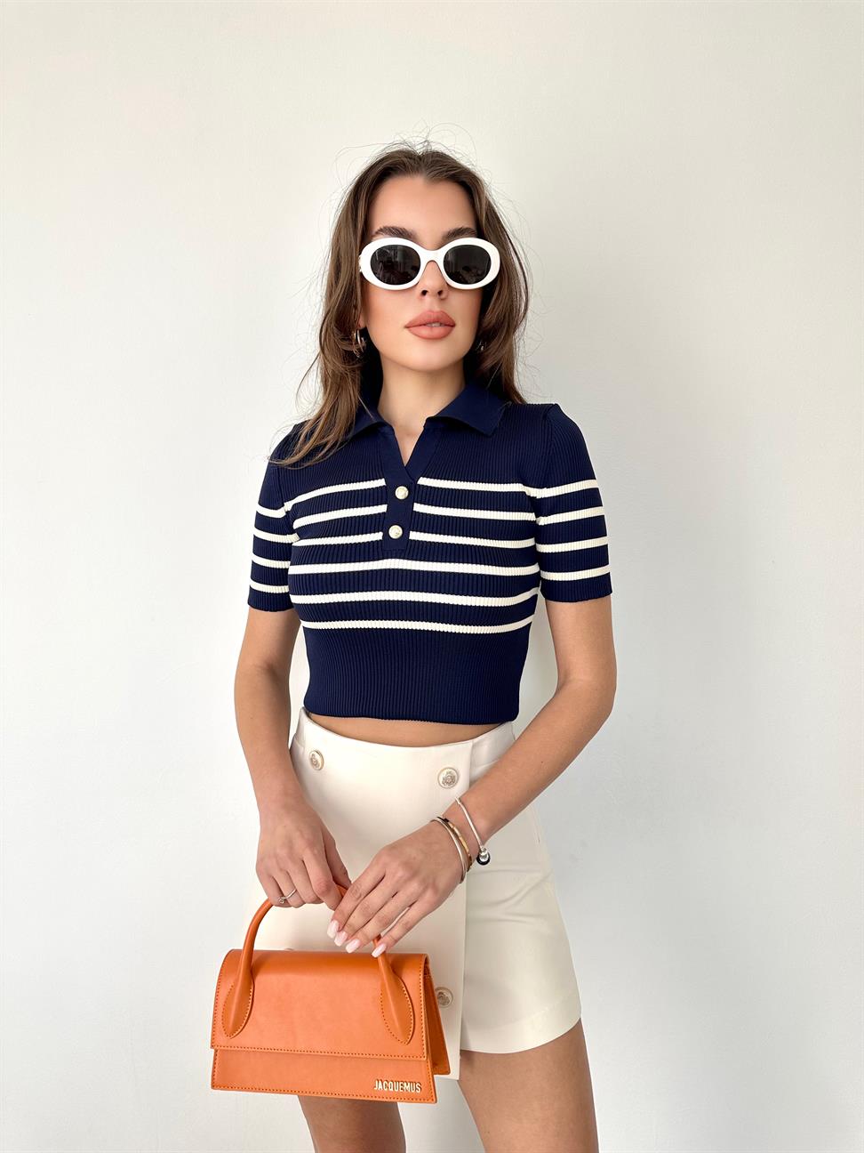 Lacivert Polo Yaka Çizgili Örme Bluz