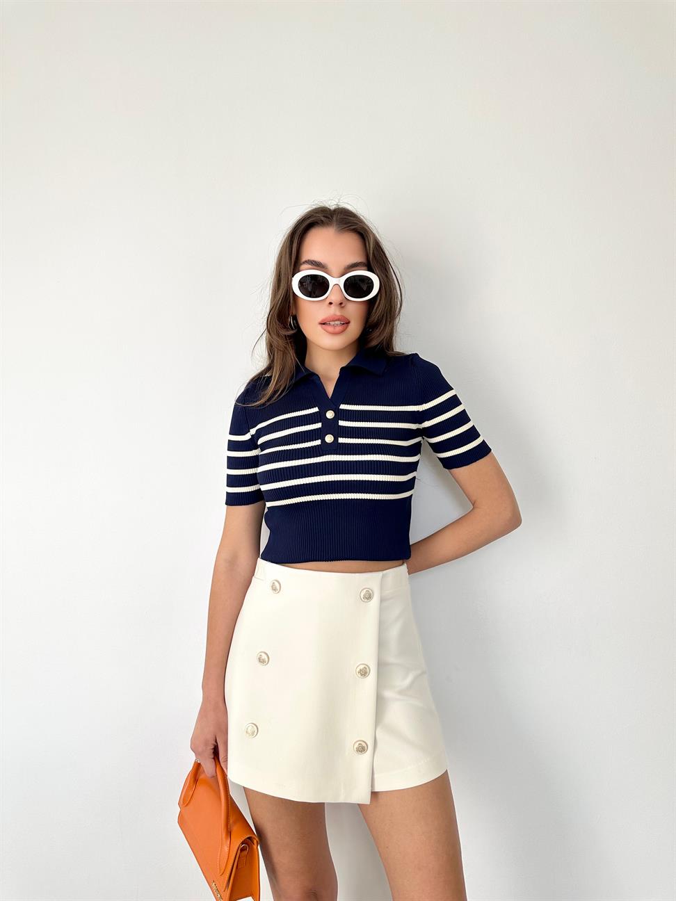 Lacivert Polo Yaka Çizgili Örme Bluz