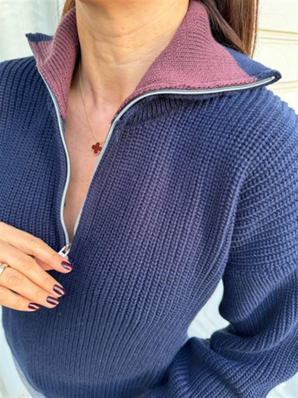 Lacivert Polo Yaka Fermuarlı Kazak