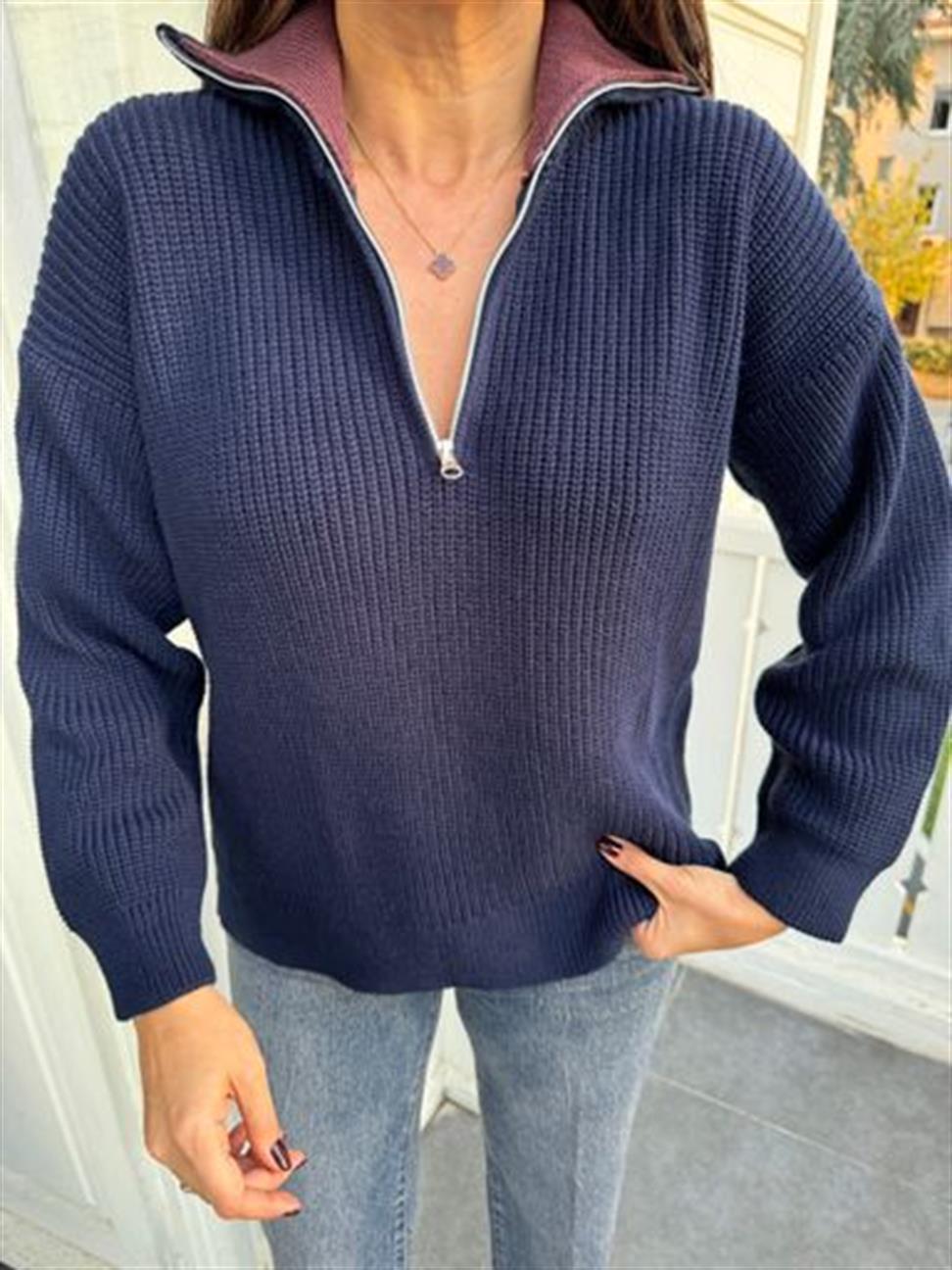 Lacivert Polo Yaka Fermuarlı Kazak