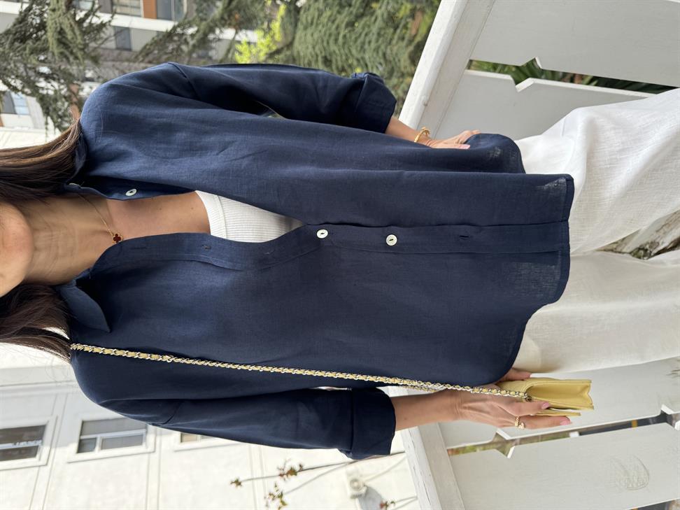 Lacivert Rahat Kesim Keten Gömlek