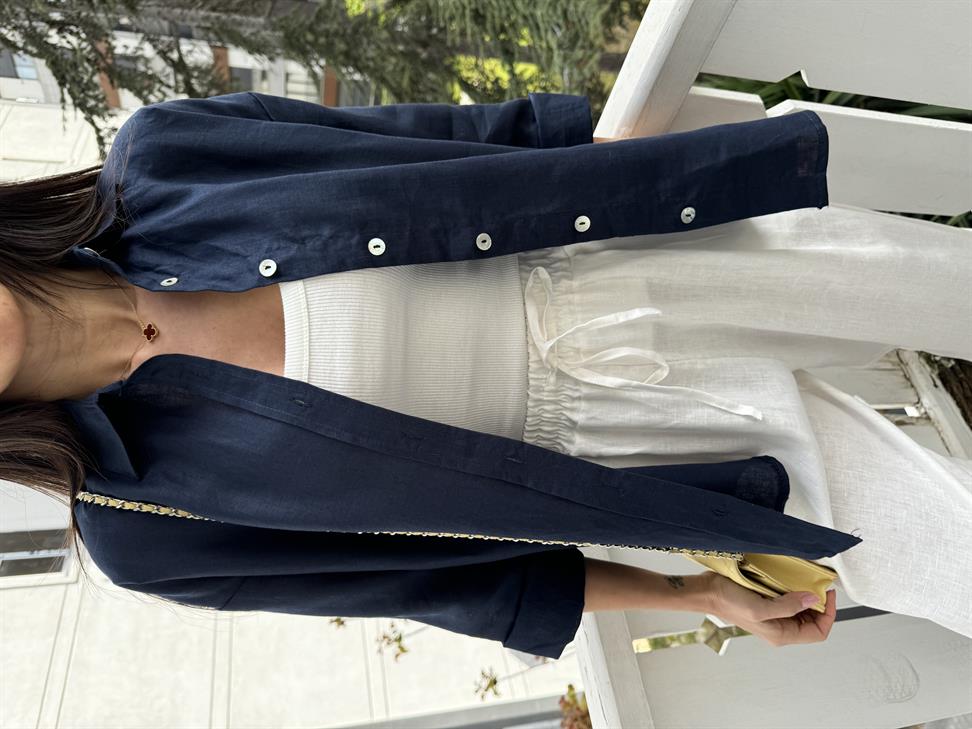 Lacivert Rahat Kesim Keten Gömlek