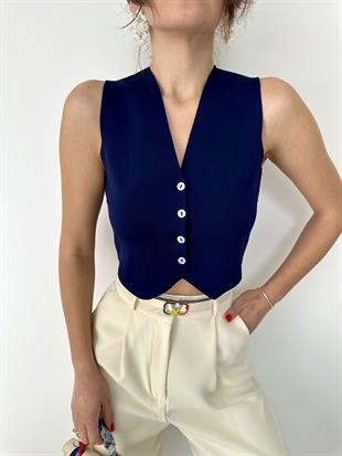 Lacivert Sedef Düğmeli Bluz