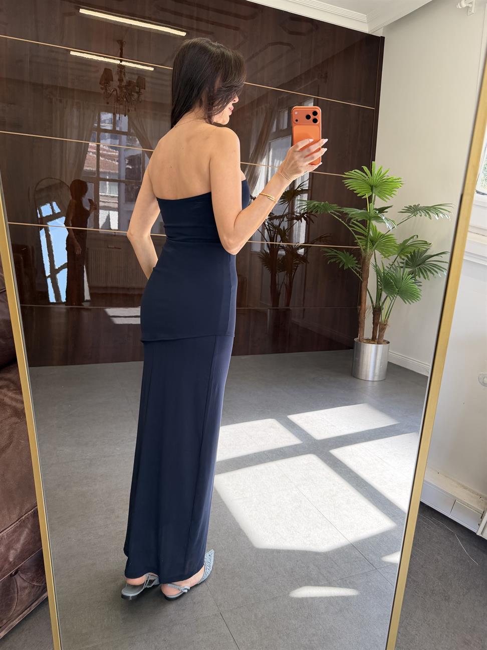 Lacivert Straplez Kesim Elbise