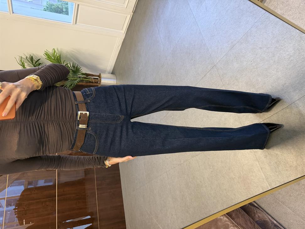 Lacivert Süet Kemerli Wide-Leg Jean Pantolon