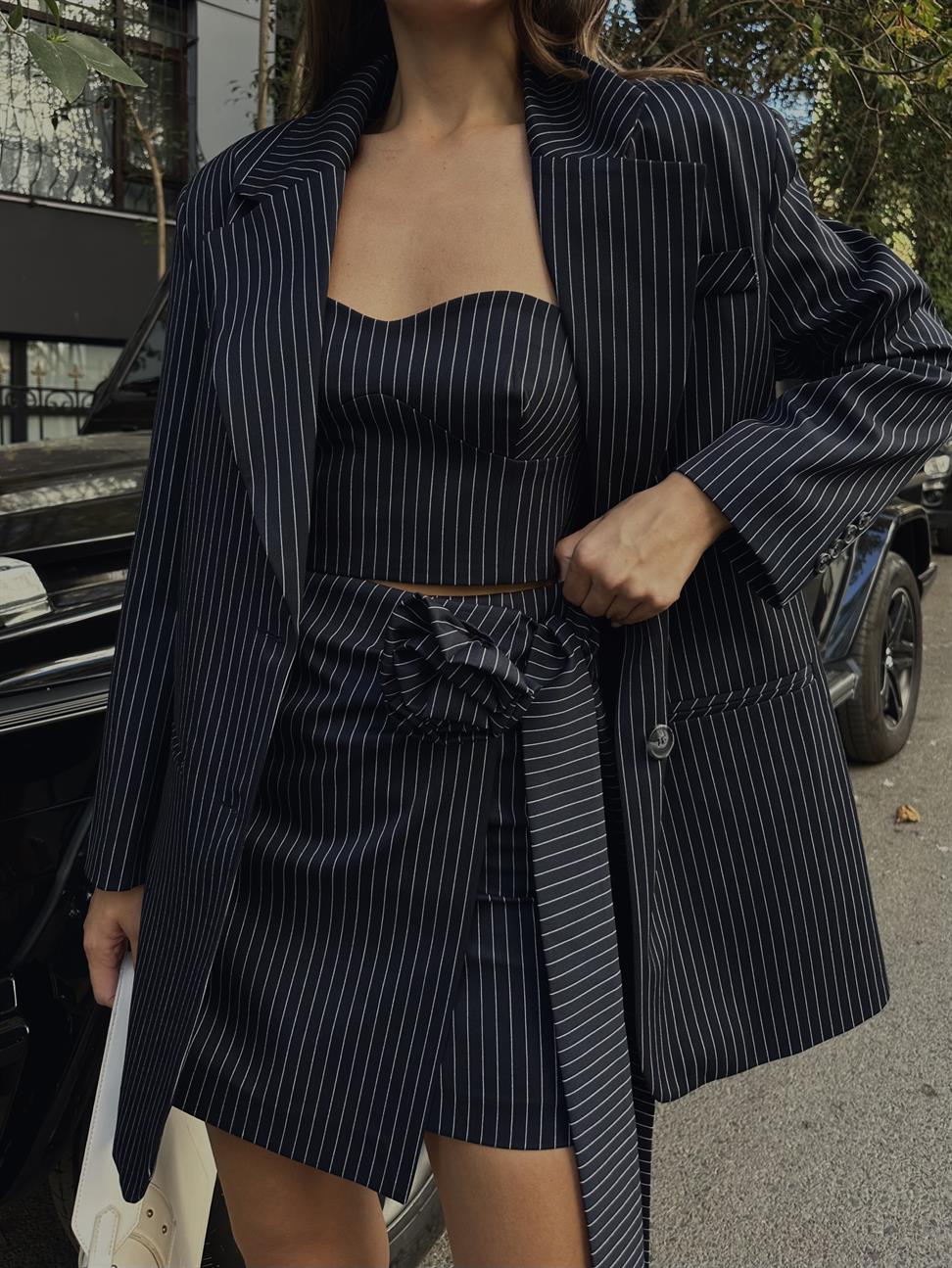 Lacivert Tasarım Uzun Çizgili Blazer Ceket