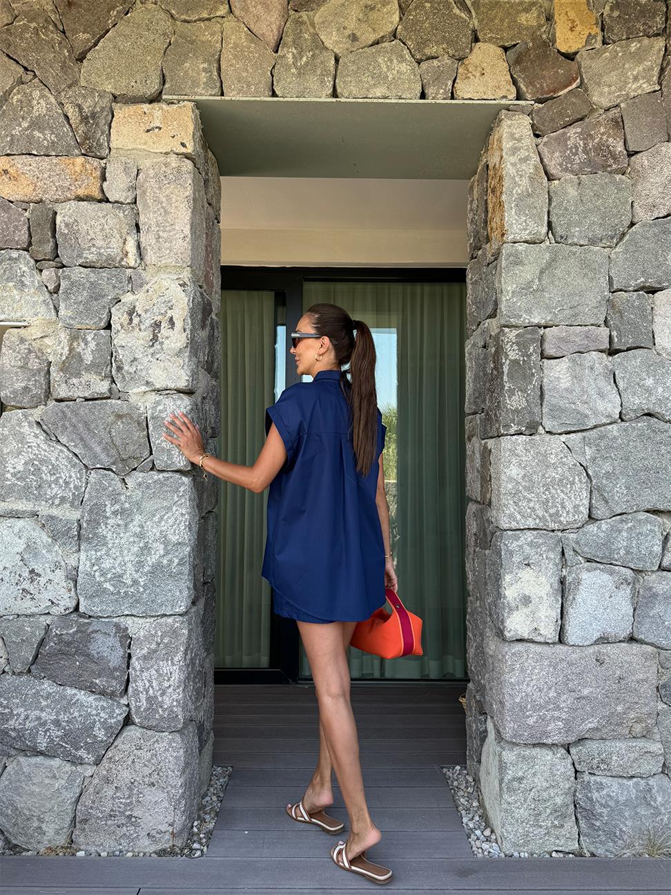 Lacivert Taşlı Kuşak Şort Takım