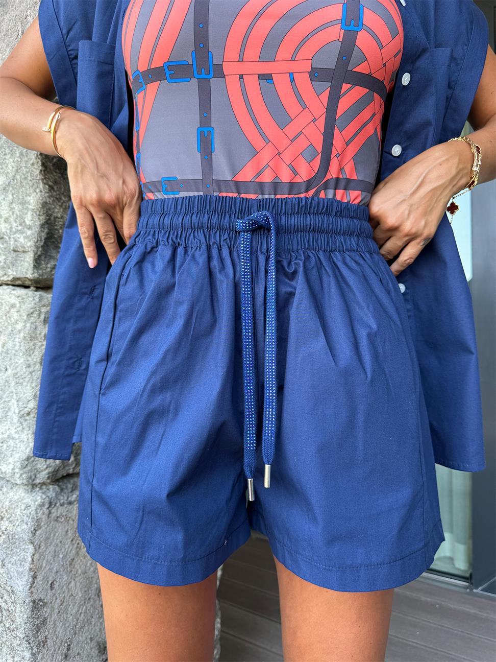 Lacivert Taşlı Kuşak Şort Takım