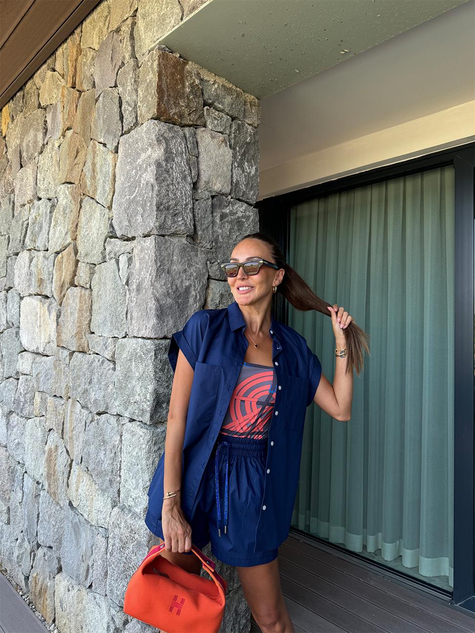 Lacivert Taşlı Kuşak Şort Takım