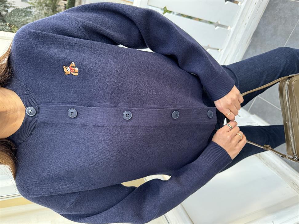 Lacivert Tedy Nakışlı Bisiklet Yaka Hırka