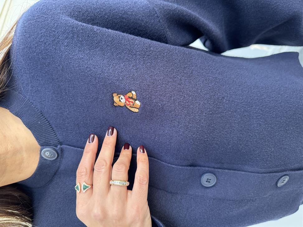 Lacivert Tedy Nakışlı Bisiklet Yaka Hırka