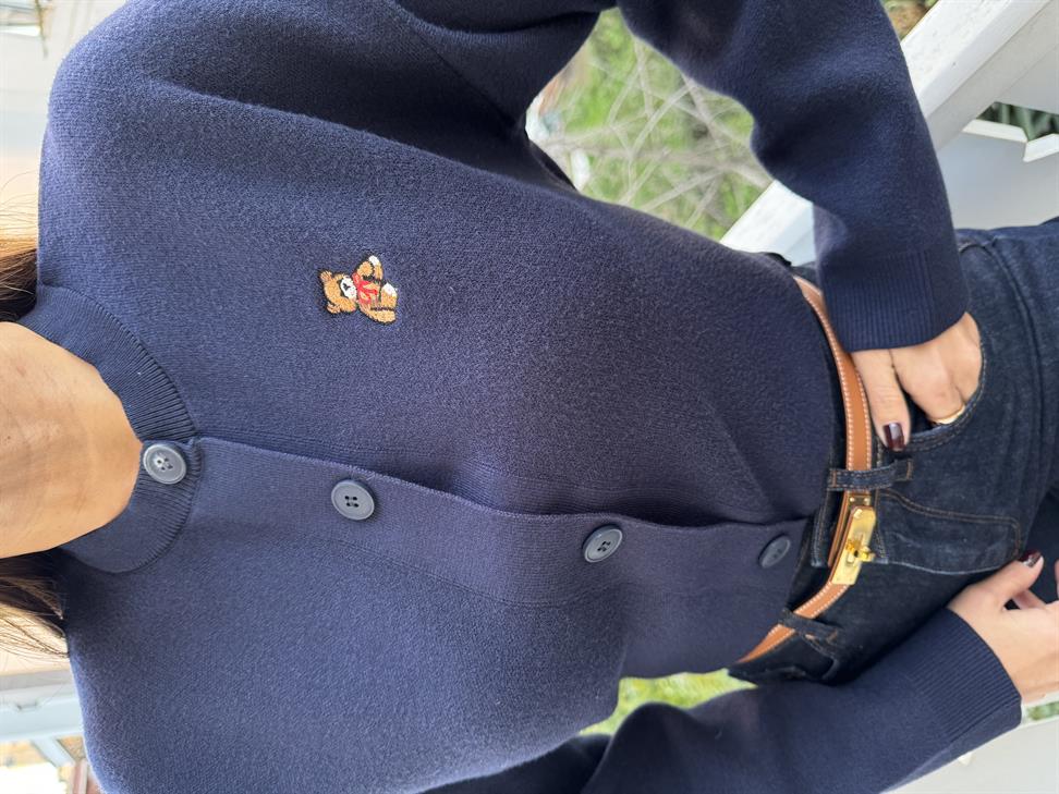 Lacivert Tedy Nakışlı Bisiklet Yaka Hırka