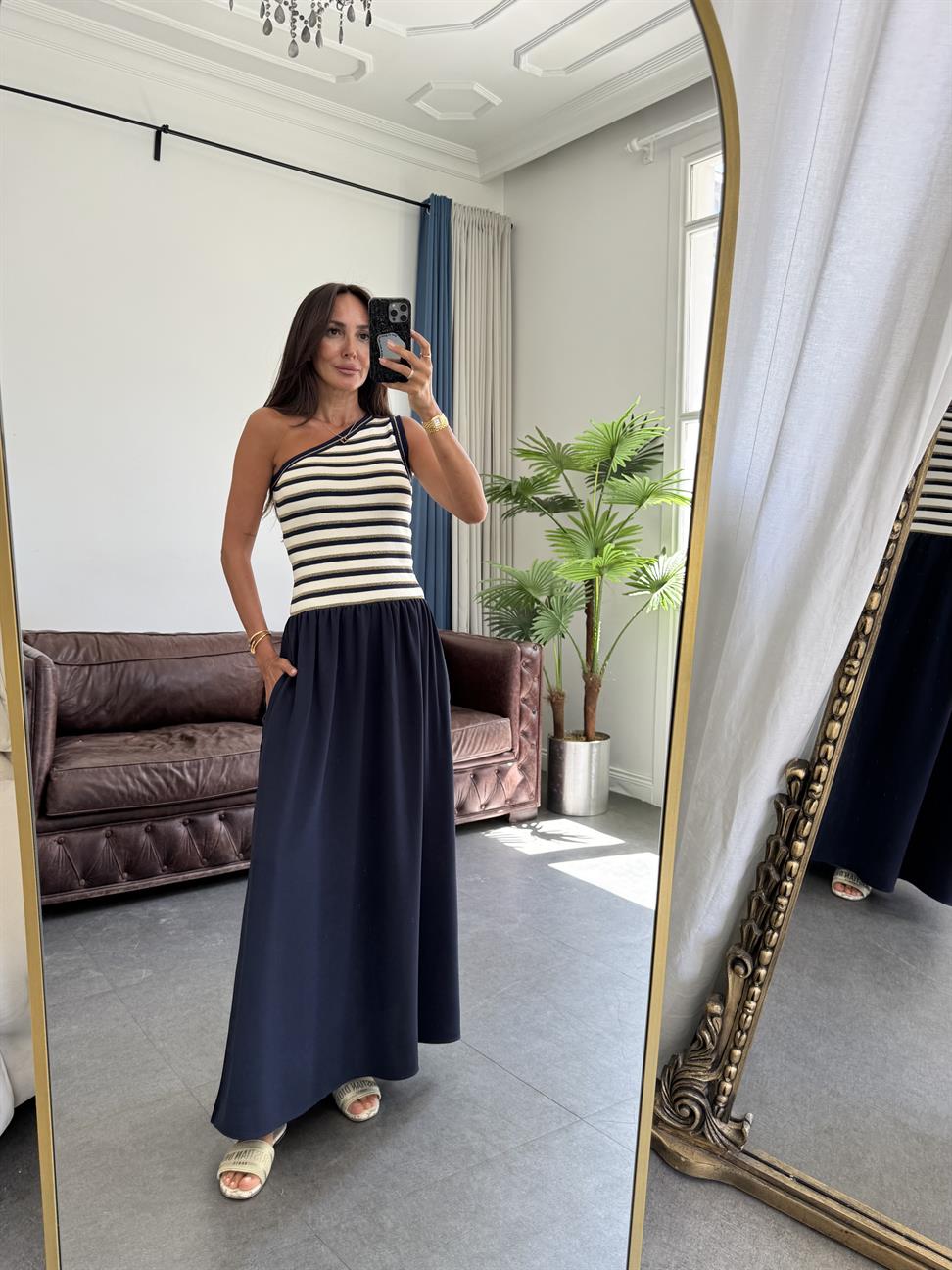 Lacivert Tek Omuz Sim Trikolu Elbise