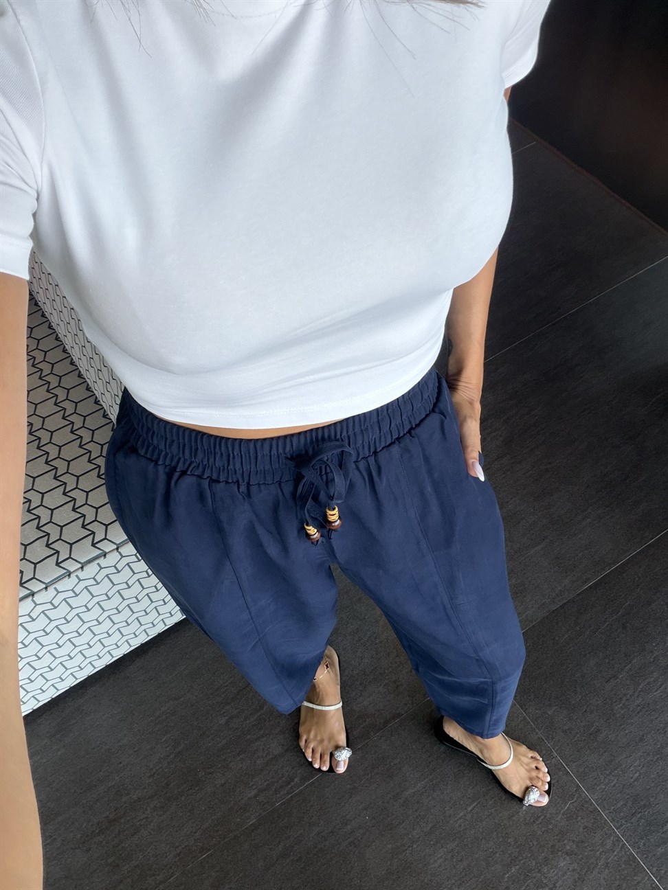 Lacivert Tencel Bağcıklı Kumaş Pantolon