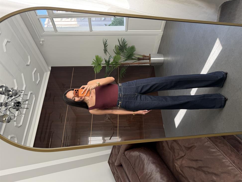 Lacivert Tokalı Wide Leg Jean Pantolon