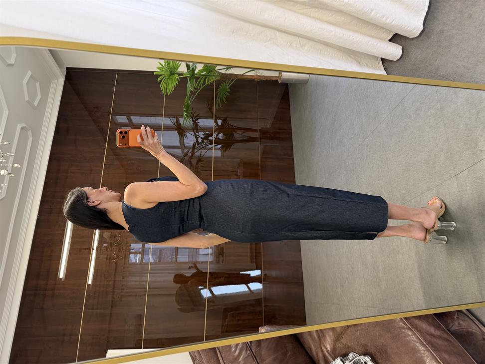 Lacivert U Yaka Midi Denim Elbise