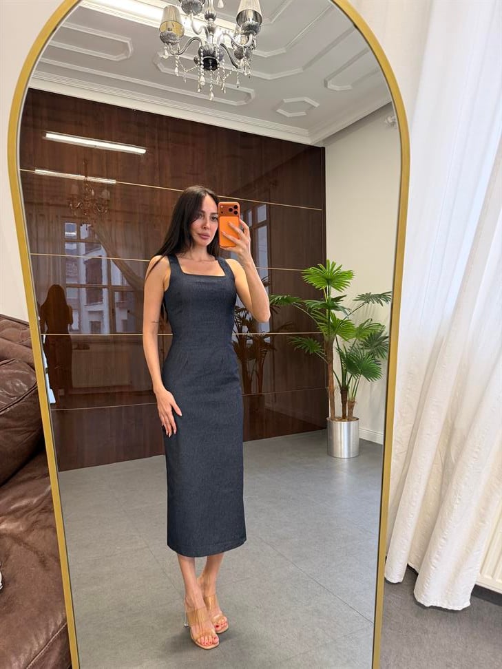 Lacivert U Yaka Midi Denim Elbise