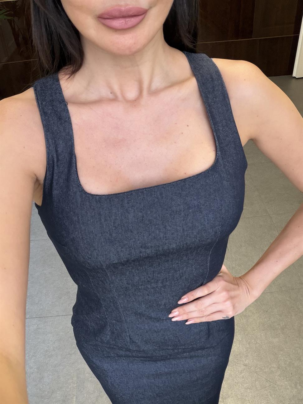 Lacivert U Yaka Midi Denim Elbise