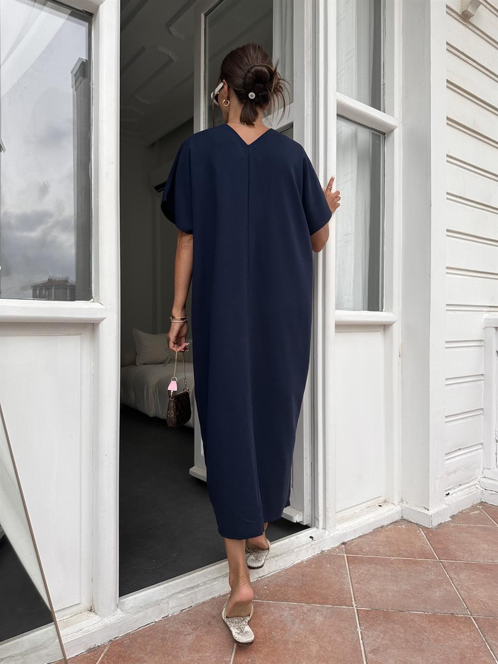 Lacivert V Yaka Basic Elbise