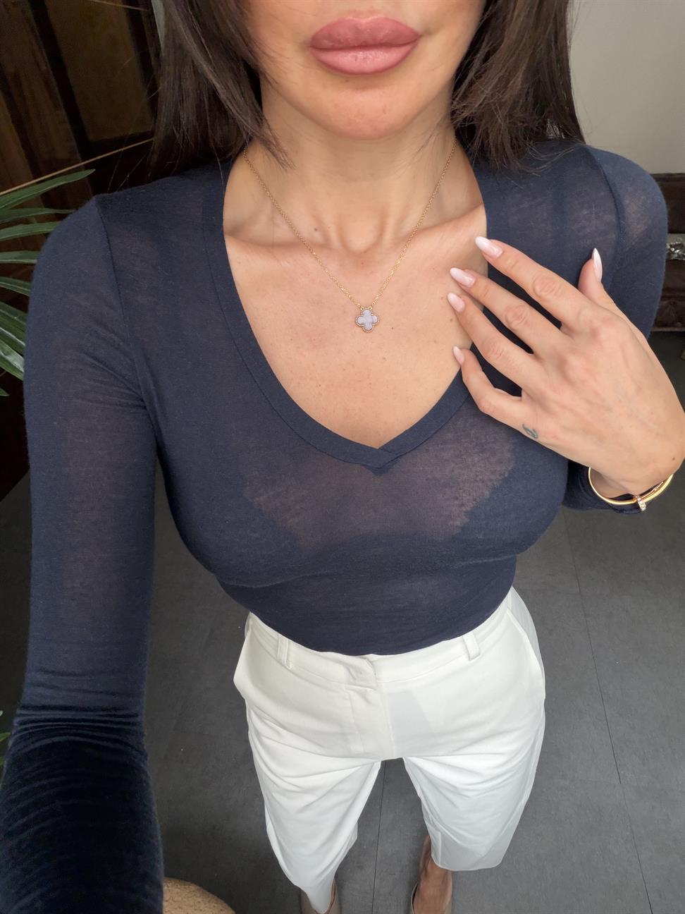 Lacivert V Yaka Kaşmir Bluz