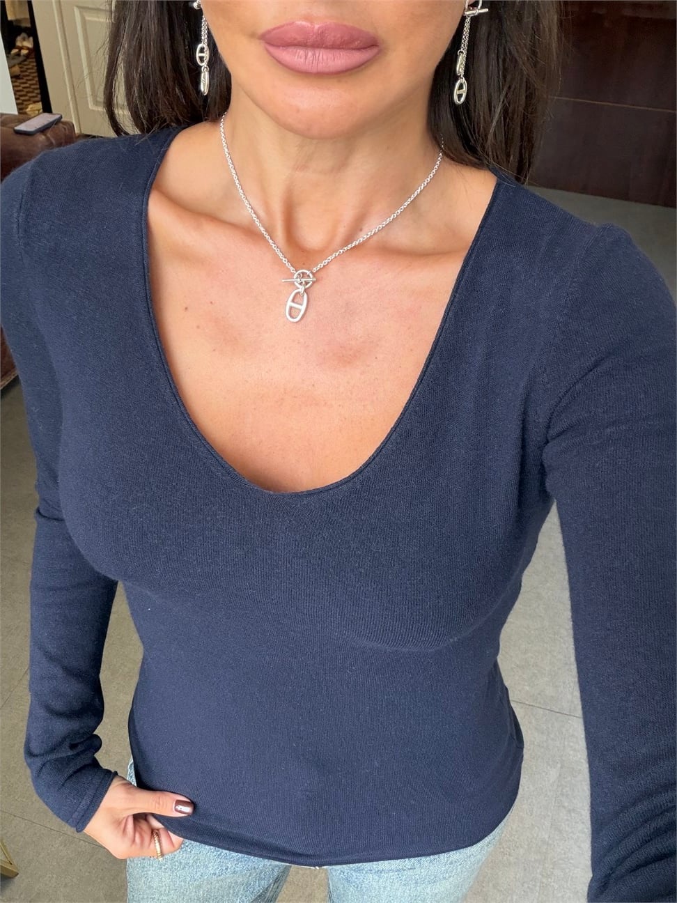 Lacivert V Yaka Kaşmirli Ultra Hafif Triko Kazak