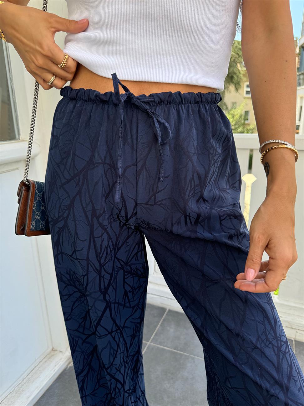 Lacivert Varak Baskı Salaş Pantolon