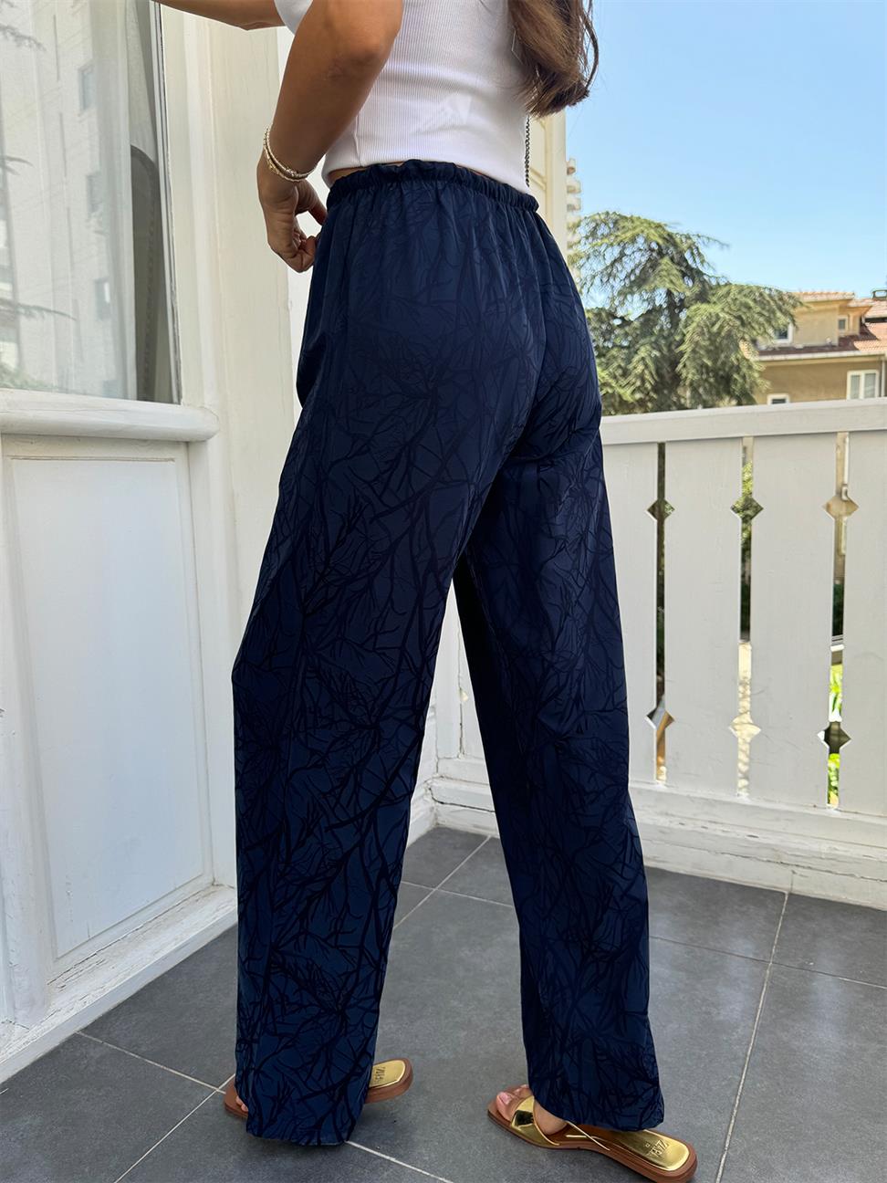 Lacivert Varak Baskı Salaş Pantolon