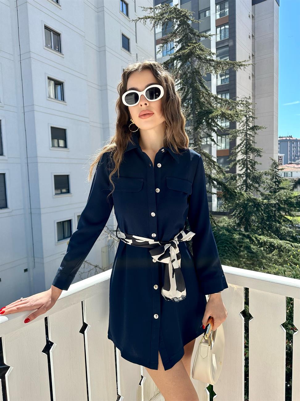 Lacivert Yalancı Cepli Kuşaklı Elbise