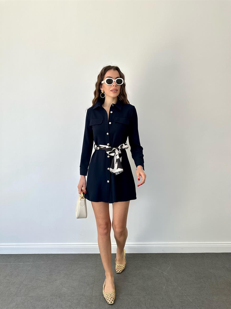 Lacivert Yalancı Cepli Kuşaklı Elbise