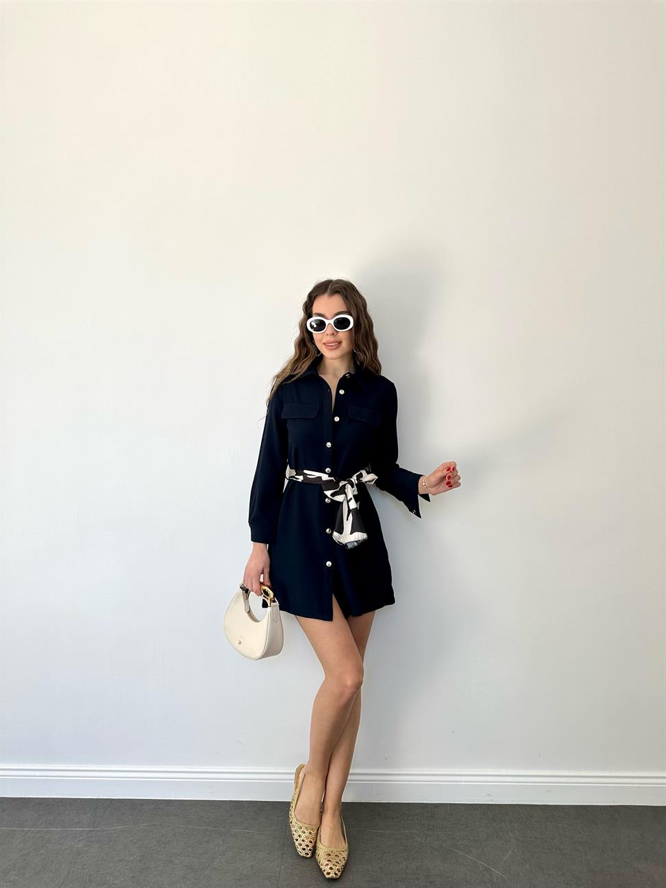 Lacivert Yalancı Cepli Kuşaklı Elbise