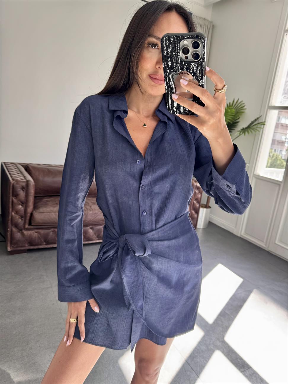 Lacivert Yandan Bağlamalı Gömlek Elbise